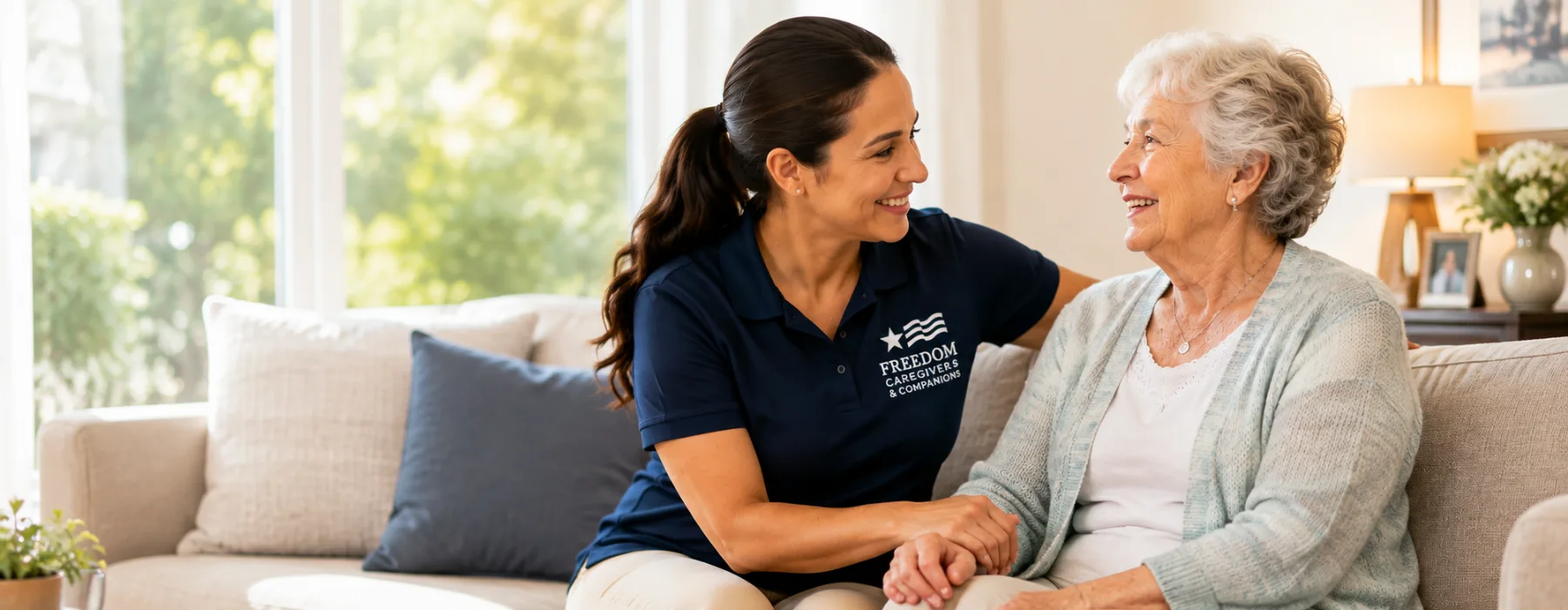 A smiling Freedom Caregivers & Companions caregiver in a navy polo shirt holds an older woman's hand as they sit together on a sofa at home.
